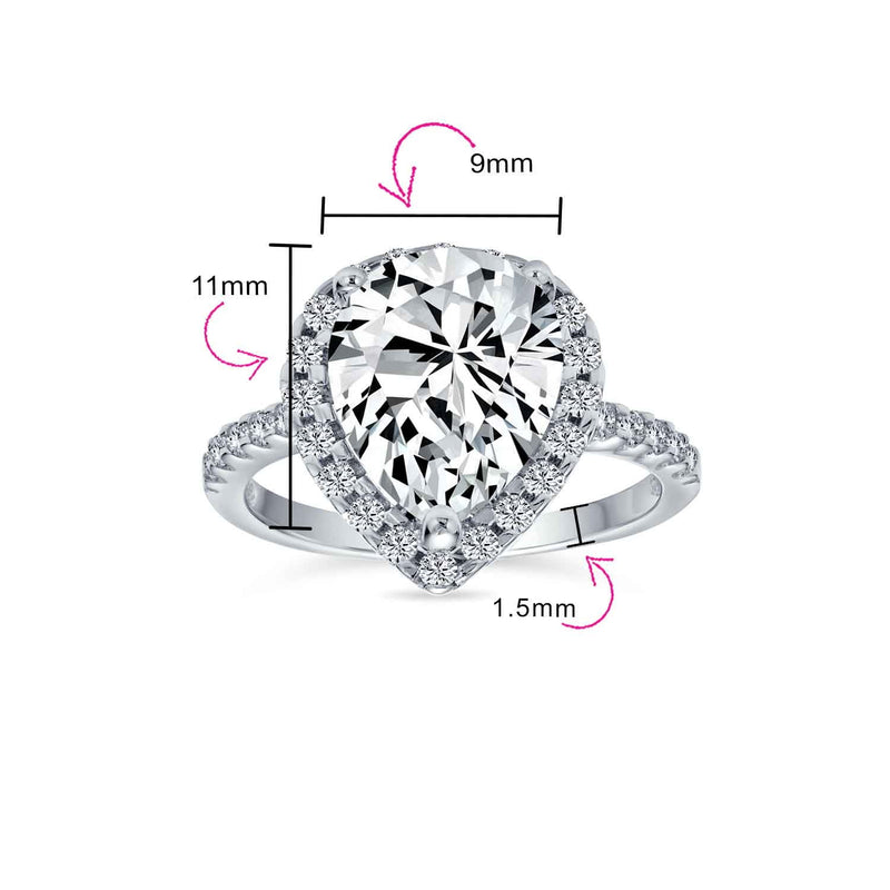 Womens 7CT Pear Shaped Halo Solitaire Engagement Ring, Sterling Silver CZ Pave Band - Puck's