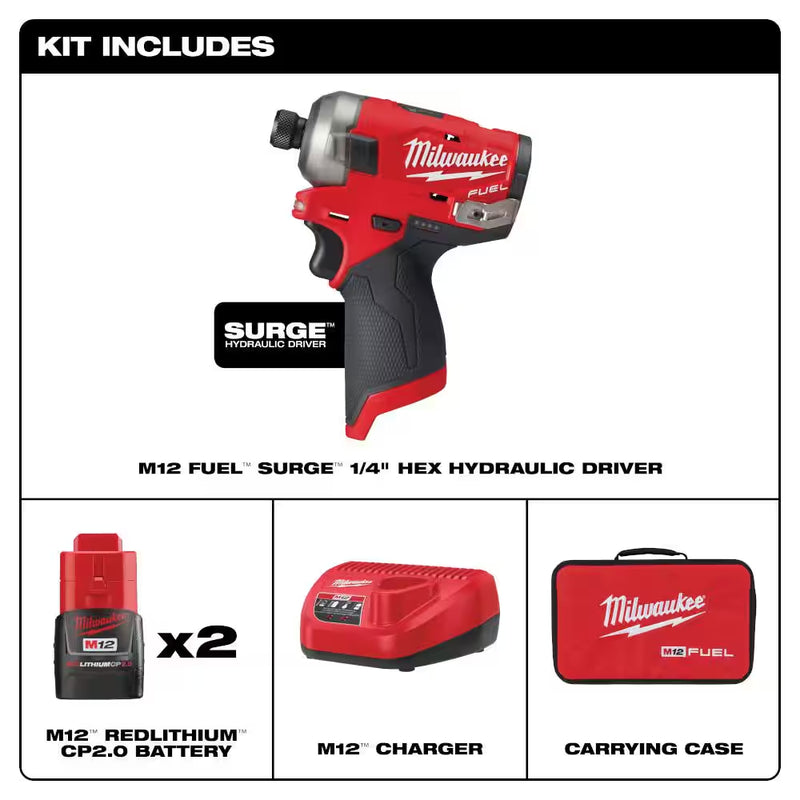 M12 FUEL SURGE 12V Lithium-Ion Brushless Cordless 1/4 In. Hex Impact Driver Compact Kit W/Two 2.0Ah Batteries, Bag - Puck's