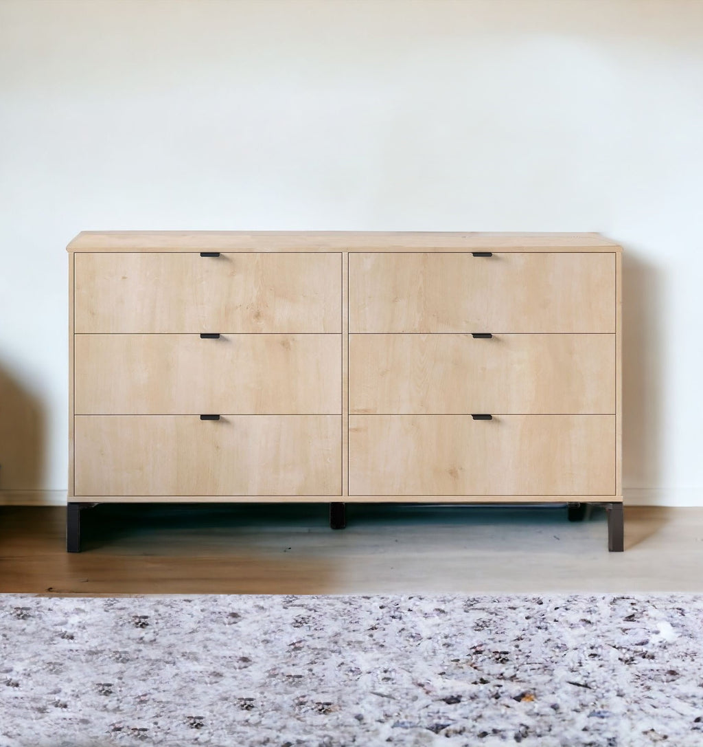 59" Light Natural Manufactured Wood with Black Six Drawer Double Dresser-1