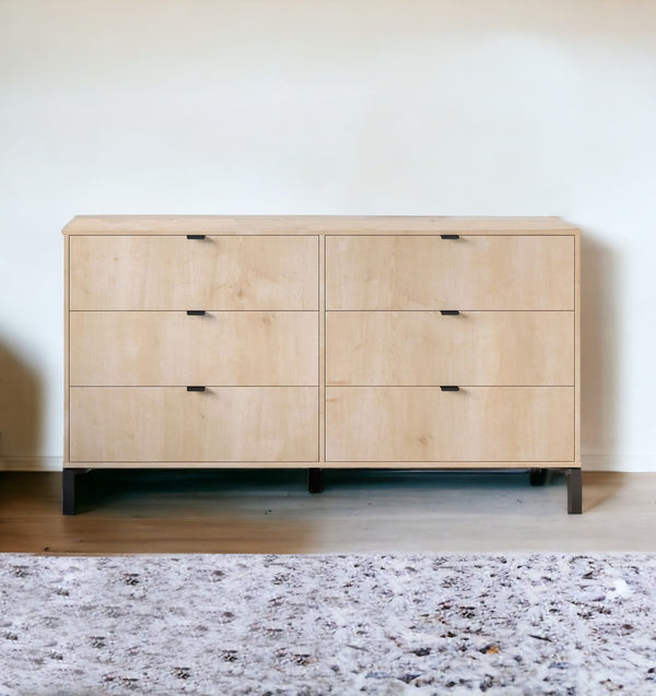 59" Light Natural Manufactured Wood with Black Six Drawer Double Dresser-1
