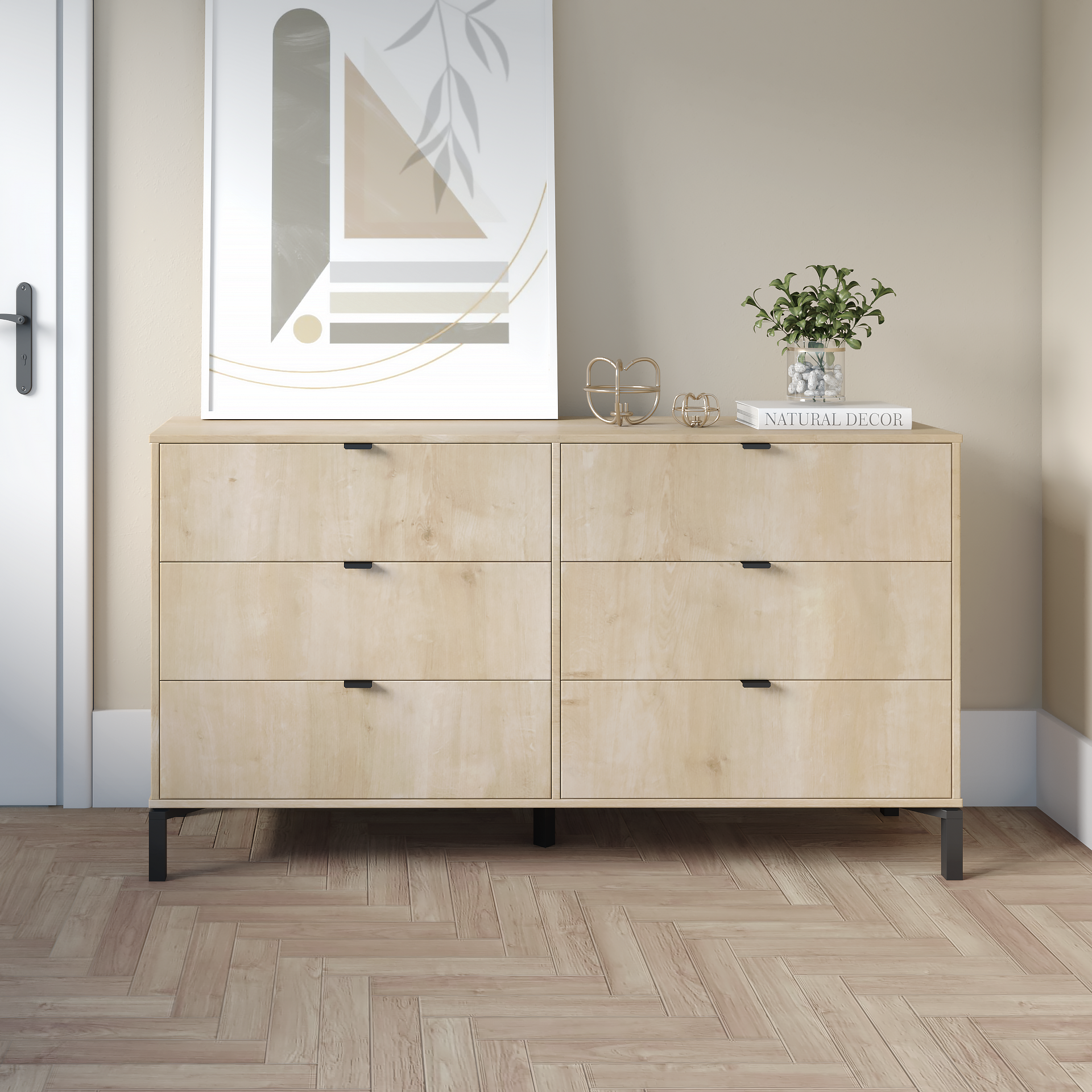 59" Light Natural Manufactured Wood with Black Six Drawer Double Dresser-6