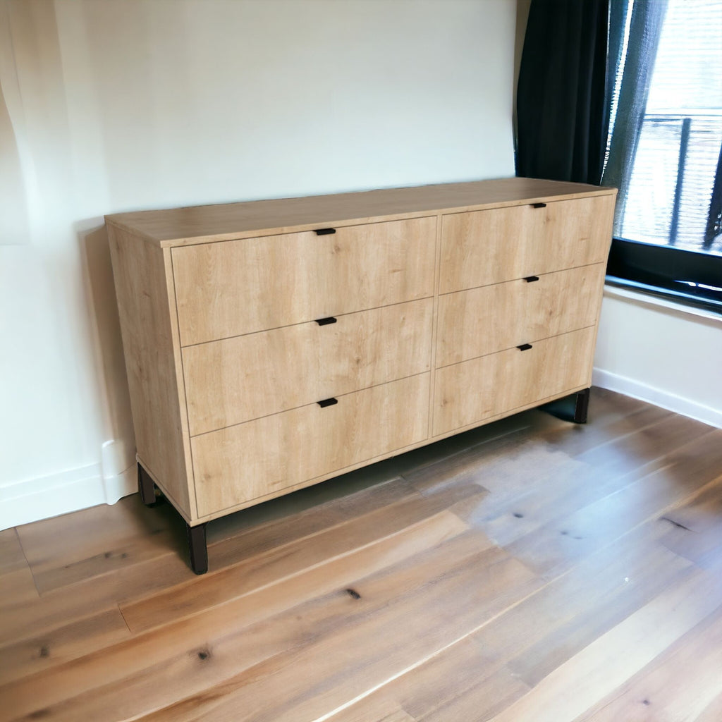 59" Light Natural Manufactured Wood with Black Six Drawer Double Dresser-2