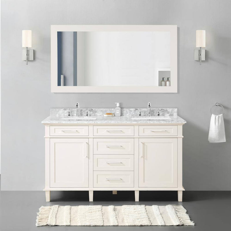 Sonoma 60 In. Dubbele wastafel off white badmeubel met Carrara marmeren blad (gemonteerd) - Puck's