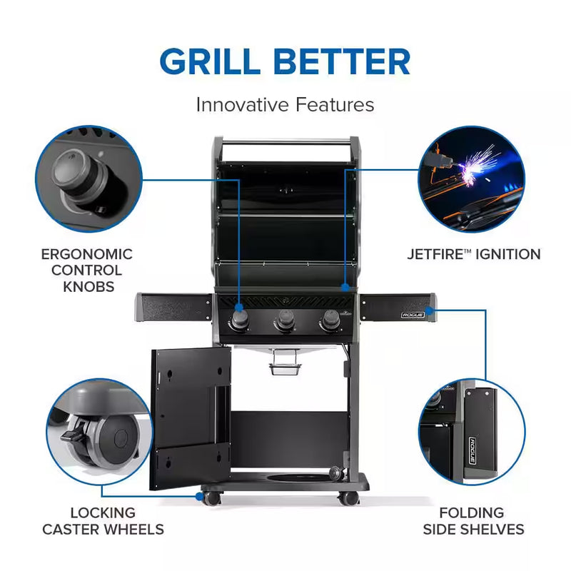 Rogue 425 3-Burner Propane Gas Grill in Black with Cast Iron Cooking Grids