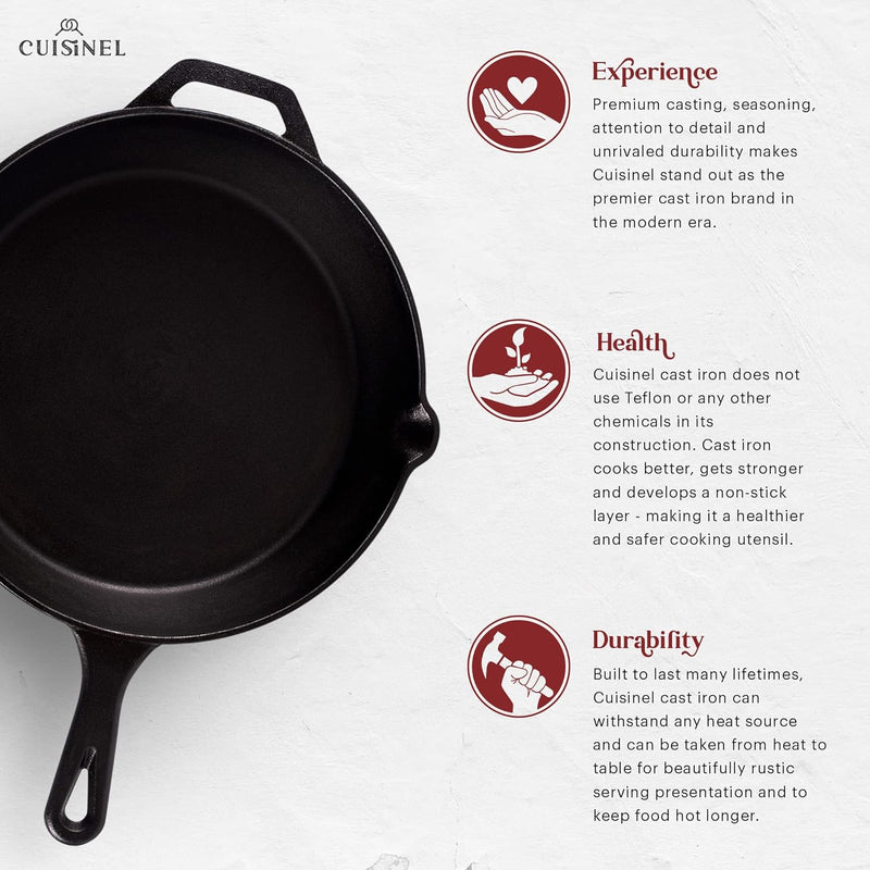 Cast Iron Skillet - 12"-Inch Frying Pan with Assist Handle + Red Silicone Grip Cover - Pre-Seasoned Oven Safe Cookware - Indoor/Outdoor Use - Grill, Stovetop, Induction, BBQ and Firepit Safe - Puck's