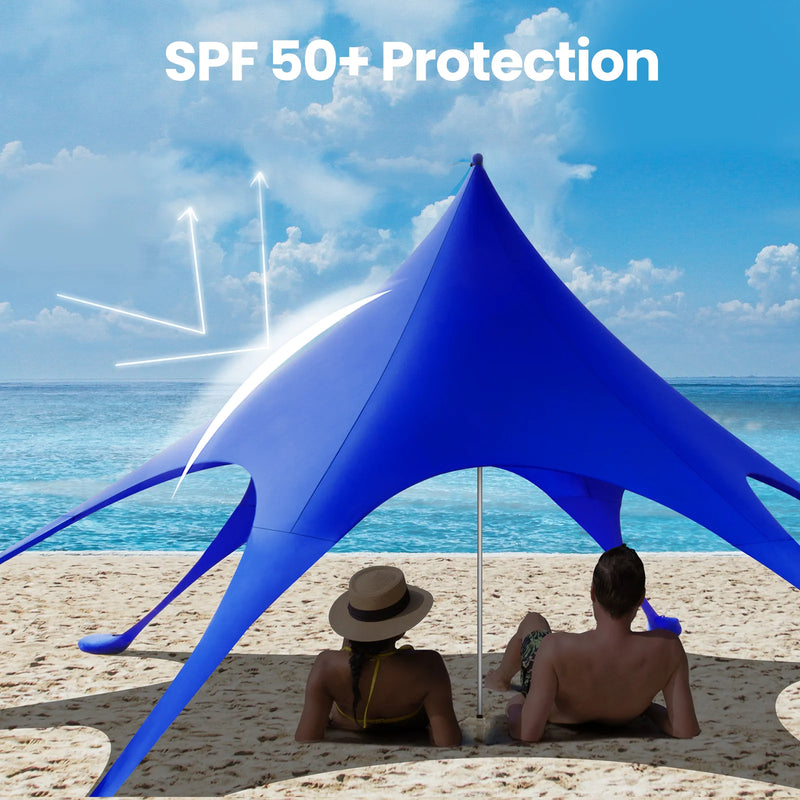 Beach Canopy Tent Sun Shade,  12X12 FT Beach Tent Sun Shelter UPF 50+ UV Protection with Sandbags , 1 Stability Poles and Ground Pegs and Anti-Wind Ropes,Blue