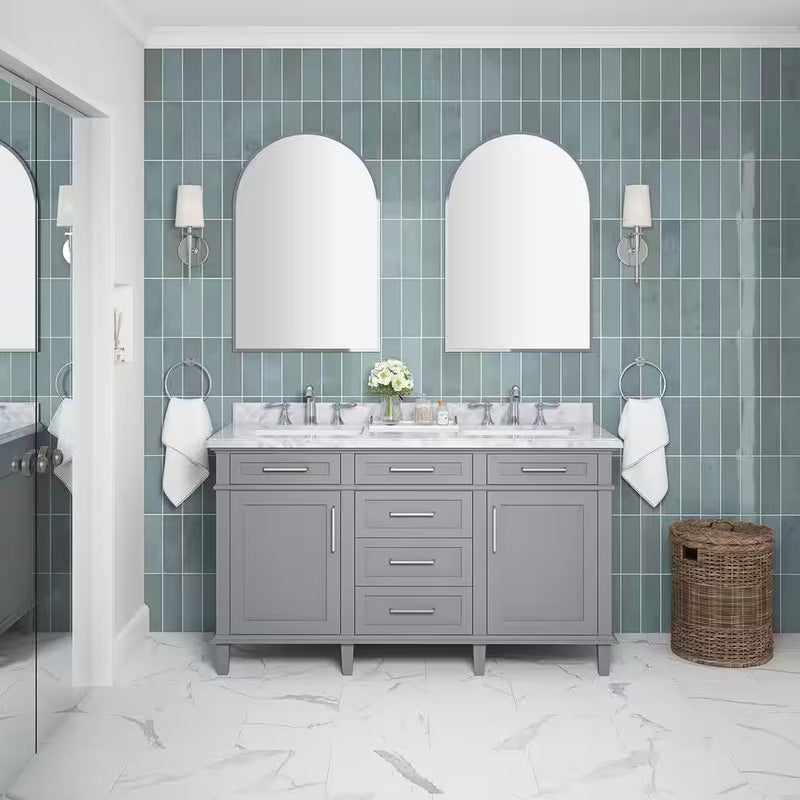 Sonoma 60 In. Dubbele Gootsteen Kiezel Grijs Bad Wastafel met Carrara Marmeren Bovenblad (Gemonteerd) - Puck's
