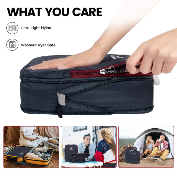 Lightweight Compression Packing Cubes for Suitcases, Compressible Expandable Travel Packing Organizer with Clear Toiletries and Backpack Bag, Travel Essentials for Carry on Luggage 7 Set Black/brownish Red - Puck's