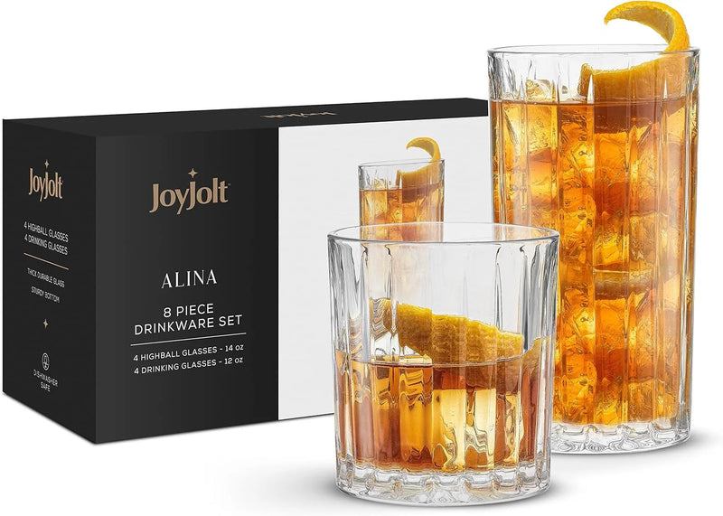 Alina Clear Ribbed Glass Drinking Glass Set, Highball Glasses and Tumbler Glasses - Set of 8 - Puck's