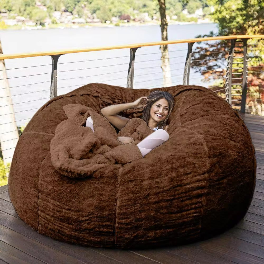7-Foot Bean Bag Chair with Furry Fur Cover Machine Washable Big Size Sofa and Giant Lounger Furniture - Puck's