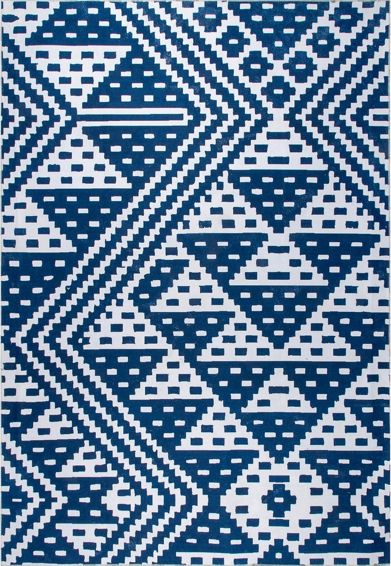 Chiara Machine Washable Modern Geometric Ultra Thin Area Rug, 7' X 9', Navy - Puck's