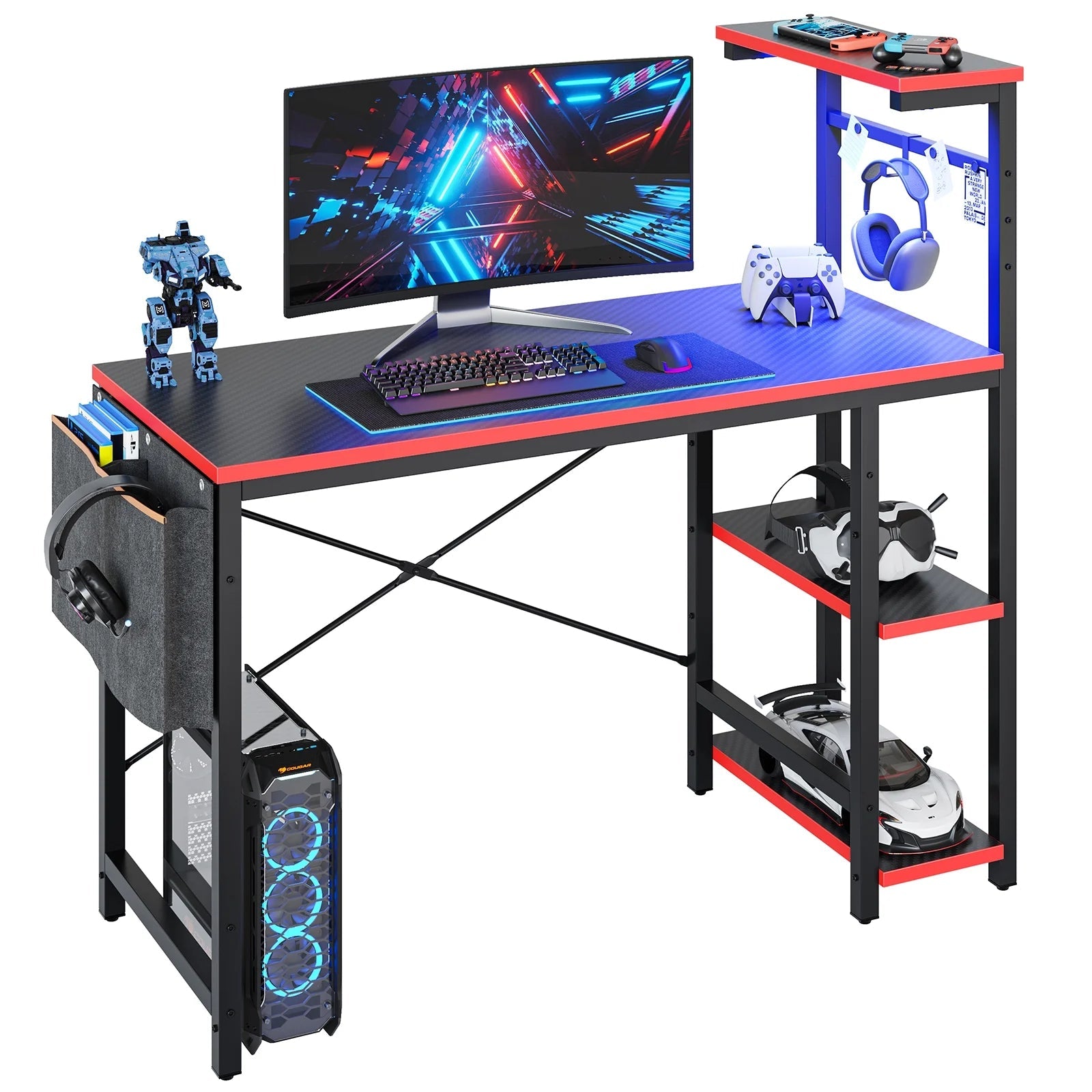 Computer Gaming PC Desk 44 Inch Gamer Table with LED Lights, Reversible 4 Tier Storage Shelves Carbon Fiber - Puck's
