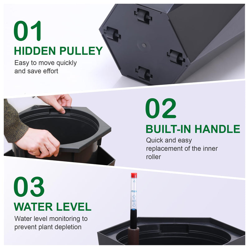 23" Tall Planters Set of 2, Outdoor＆Indoor Planter Pots, High Front Porch Planter Pots with Drainage Holes＆Water Level Monitor＆Inner Bucket, Automatic Watering, Convenience Instill, Black - Puck's