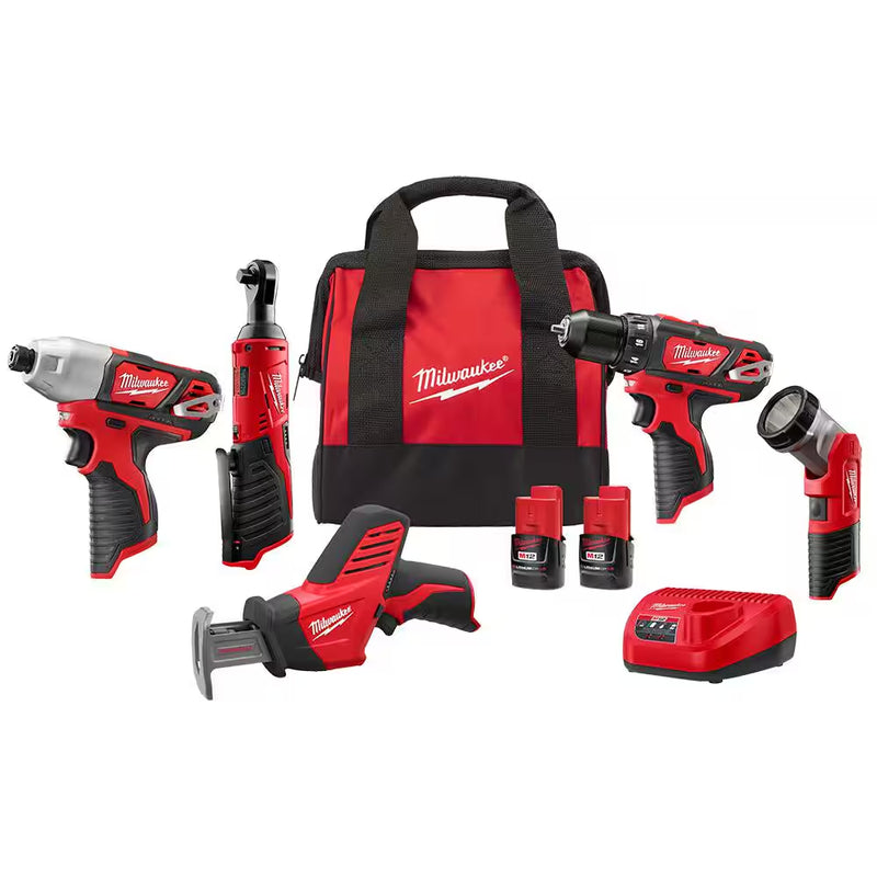 M12 12V Lithium-Ion Cordless Combo Kit (5-Tool) with Two 1.5 Ah Batteries, Charger and Tool Bag - Puck's