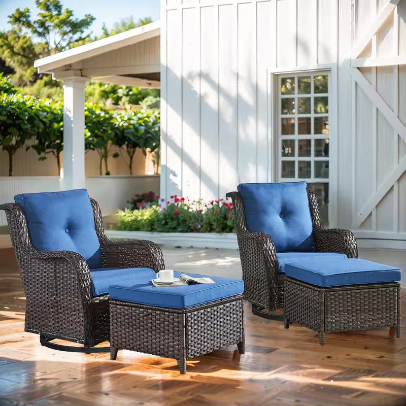 Carolina Brown Swivel Rocking Wicker Outdoor Lounge Chair with Blue Cushions with Ottomans - Puck's