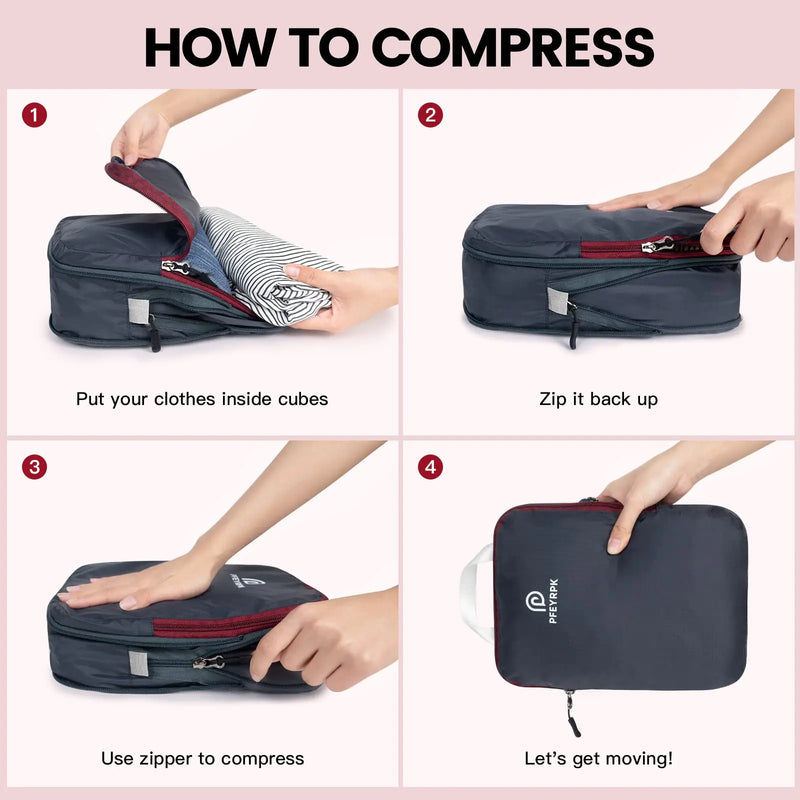 Lightweight Compression Packing Cubes for Suitcases, Compressible Expandable Travel Packing Organizer with Clear Toiletries and Backpack Bag, Travel Essentials for Carry on Luggage 7 Set Black/brownish Red - Puck's