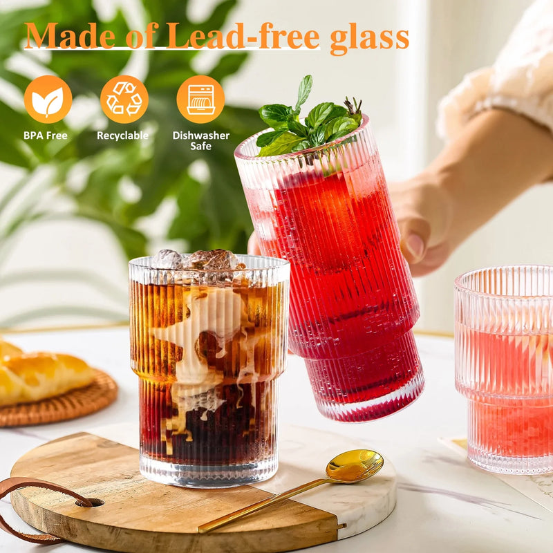 12 Oz Stackable Ribbed Beverage Glasses (Set of 8) - Puck's
