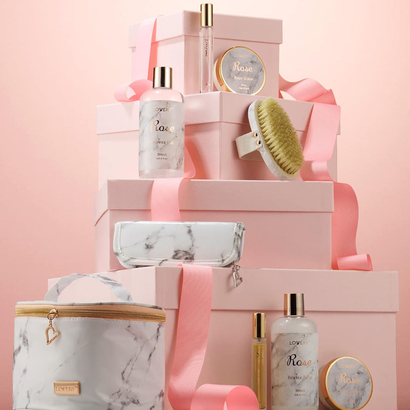 Birthday Gifts for Mom, Daughter Self Care Gifts for Women, Luxe 16Pc Rose Bath and Body Home Spa Set, Relaxation Bath Gift Basket for Birthday Pampering with Perfumes, Acne Kit, Lotions & More - Puck's