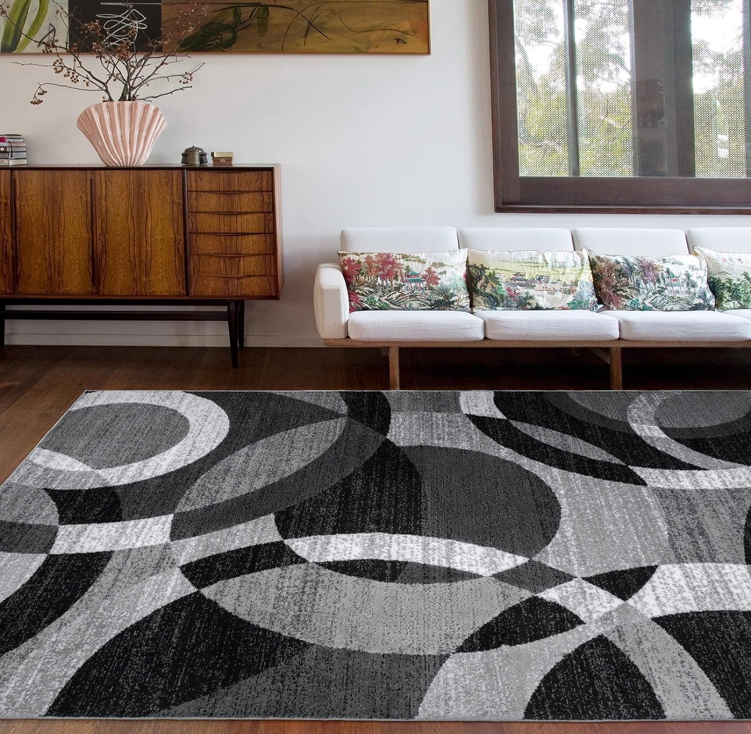 Contemporary Abstract Circles Perfect for High Traffic Areas of Your Living Room,Bedroom,Home Office,Kitchen Area Rug 6'6" X 9' Gray - Puck's