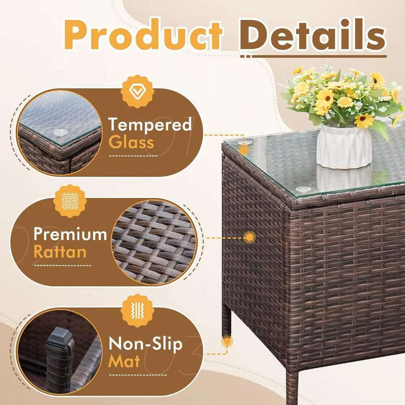 Patio Furniture Set 3 Pieces All-Weather Rattan Outdoor Furniture Patio Chairs with Tempered Glass Table for Porch Bistro - Puck's