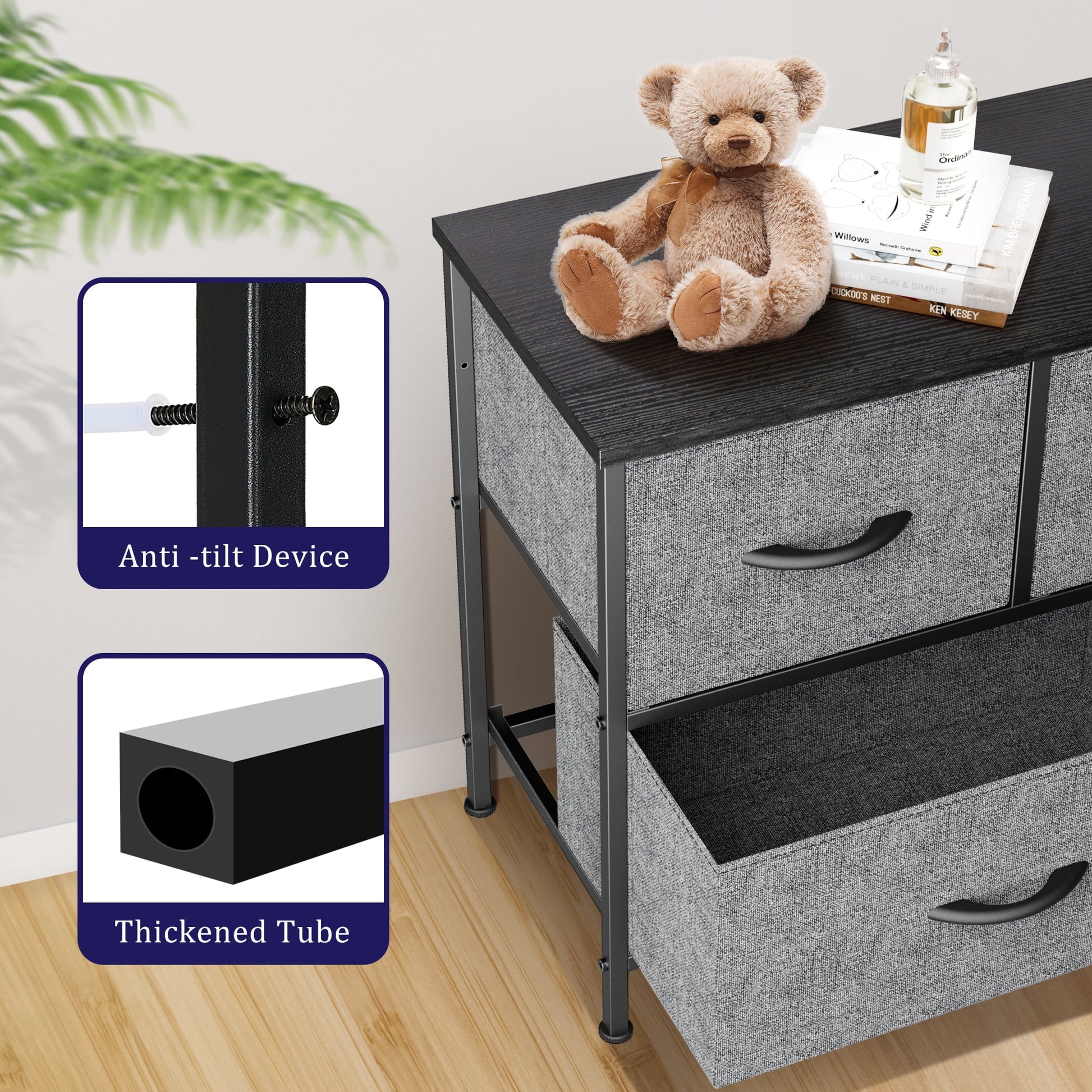 5 Drawer Dresser, Wide Chest of Drawers Nightstand Storage Tower Storage Dresser Fabric Dresser with Wood Top for Living Room, Bedroom, Hallway, Grey - Puck's