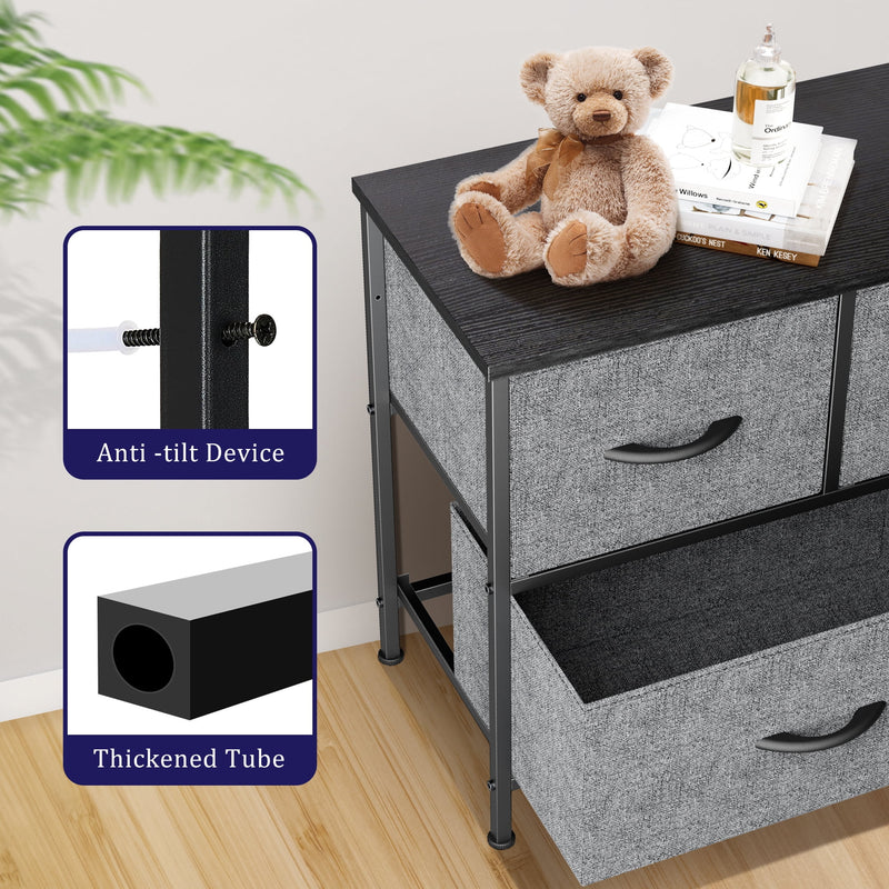 5 Drawer Dresser, Wide Chest of Drawers Nightstand Storage Tower Storage Dresser Fabric Dresser with Wood Top for Living Room, Bedroom, Hallway, Grey - Puck's