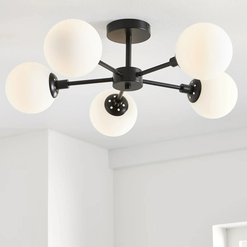 26" Architectural 5-Globe Ceiling Light, Black Finish Frosted Glass Shades - Puck's
