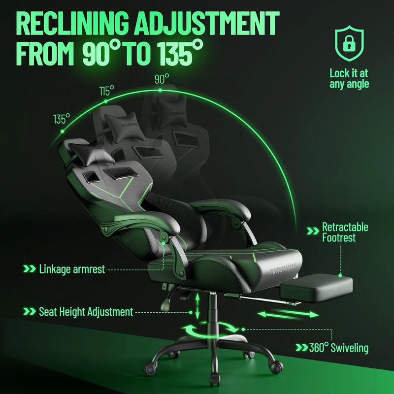 Grey Gaming Chair with Footrest, Ergonomic Computer Chair with Adjustable Height, Leather Office Chair with Massage Lumbar Support, Video Game Gamer Chair for Adults - Puck's