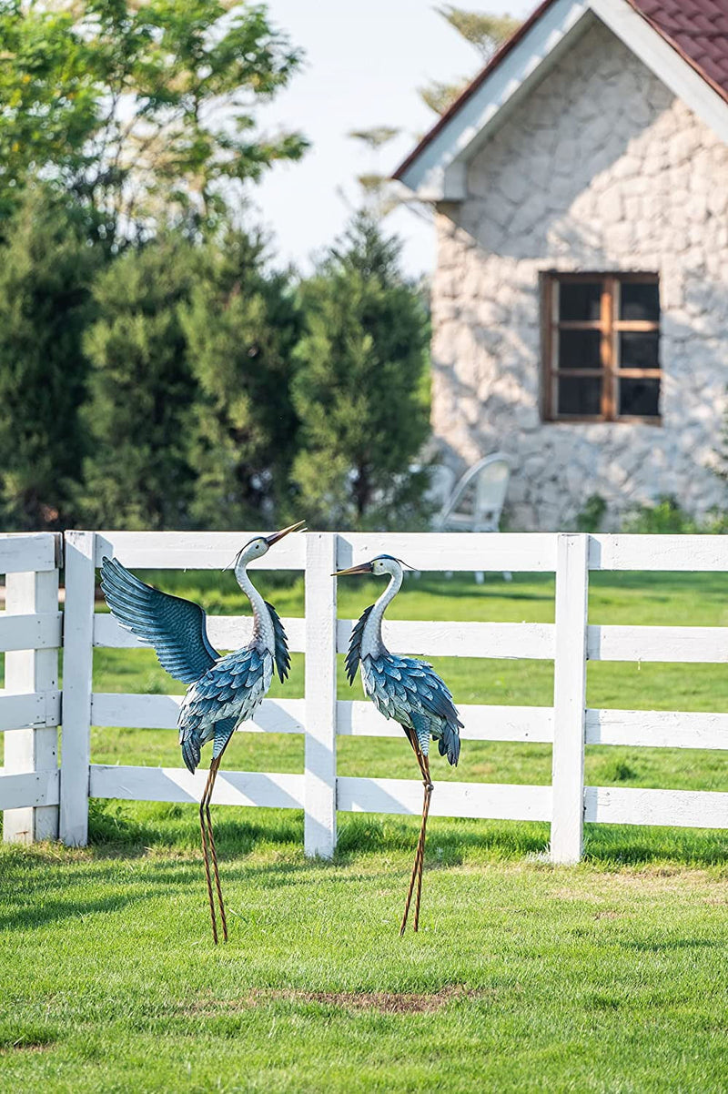 2Pcs 40.75''H, 37.20''H Blue Metal Heron Decor Garden Sculptures Statues, Large Crane Bird Yard Art for Outdoor Porch Party Decorations - Puck's
