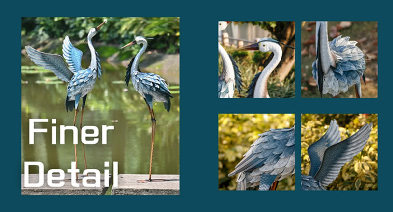 2Pcs 40.75''H, 37.20''H Blue Metal Heron Decor Garden Sculptures Statues, Large Crane Bird Yard Art for Outdoor Porch Party Decorations - Puck's