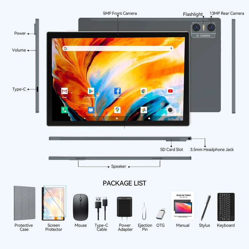 Tablet 10 Inch Android 14 Tablet,Wifi 6 Tablets PC,64GB ROM+8GB RAM( Expand to 1Tb),Octa-Core,5G Wi-Fi,Widevine L1,Bluetooth,Dual Camera,7000Mah,Split Screen,Face Unlocked,2 in 1 Tablet with Keyboard - Puck's