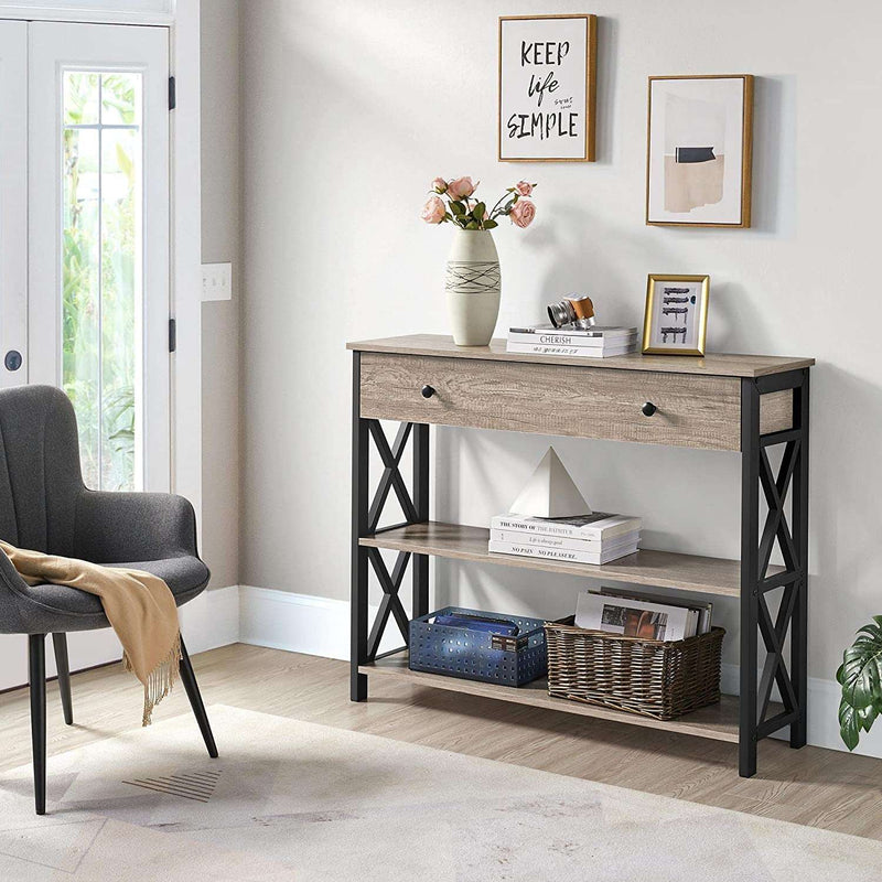Console Table with Drawer, Entryway Table with 3 Tier Storage Shelves, Narrow Long Sofa Table for Entryway, Living Room, Hallway, Couch, Kitchen, Metal Frame, Gray - Puck's