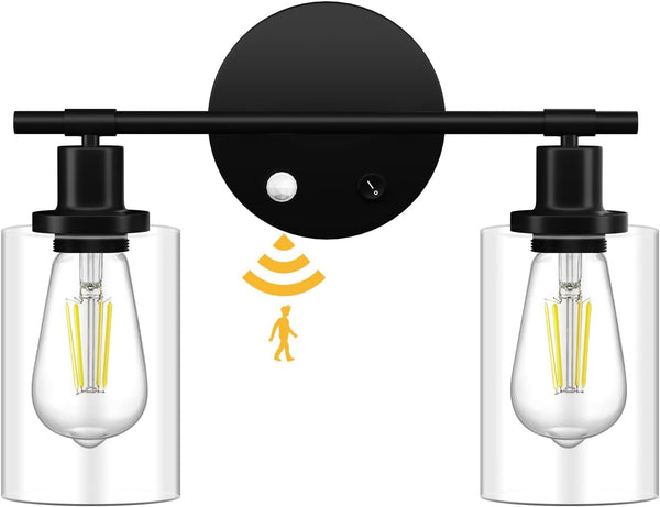 2 Light Bathroom Vanity Lights Fixtures with Motion Sensor, Black Industrial Wall Lighting Sconces with Glass Shade Modern Lamp for Cabinets, Farmhouse, Porch, Corridor, Mirror (Bulb Not Included) - Puck's