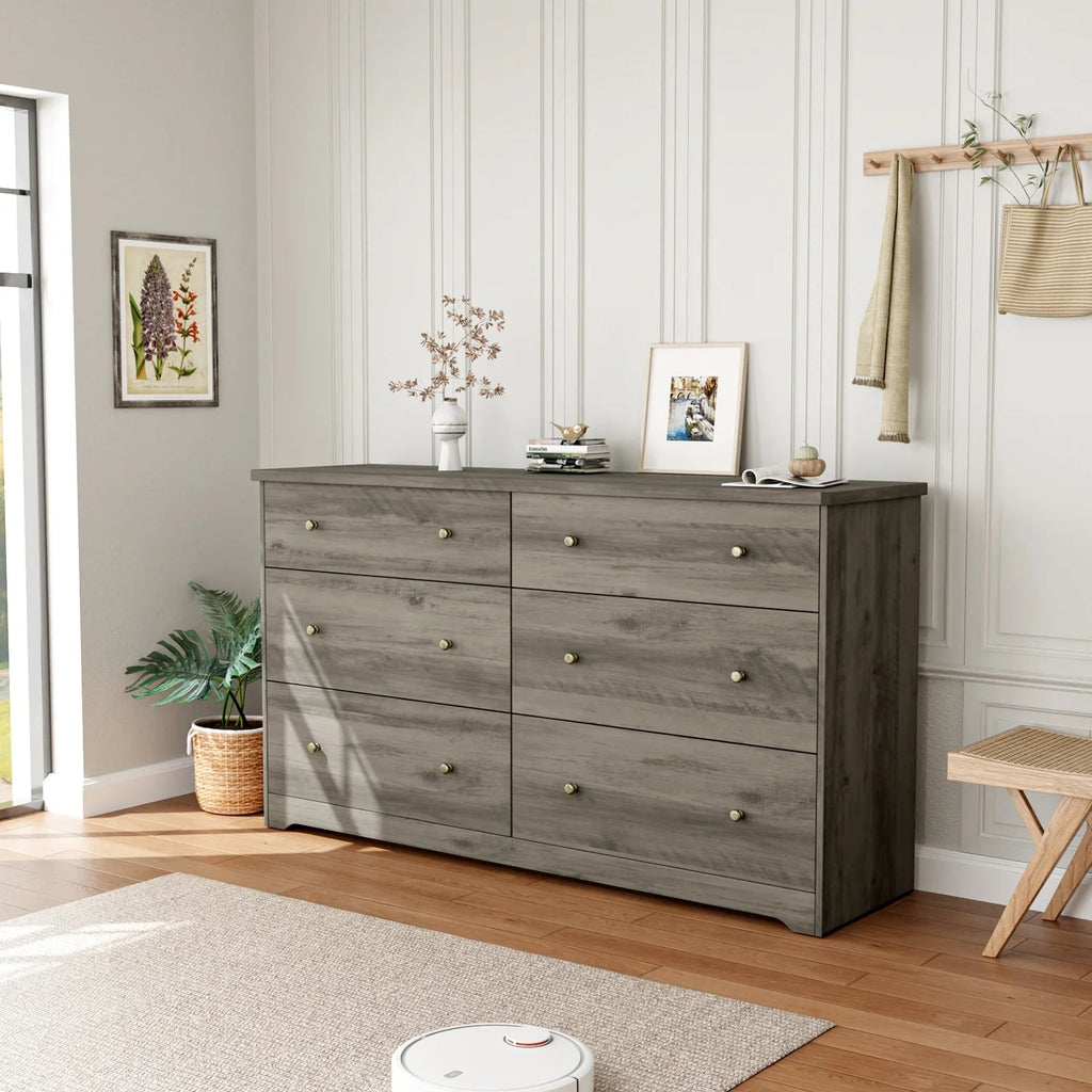 6 Drawer Double Dresser, Kids Dresser, Nursery Dresser Drawer Organizer, Chest of Drawers,59" D X 15.75" W X 32" H, Gray - Puck's