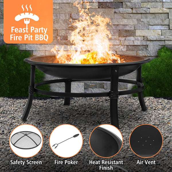 26 Inch Fire Pit for Outdoor round Wood Burning Fire Pit Bowl for Camping Picnic Bonfire Patio outside Backyard Garden Small Bonfire Pit Steel Firepit Bowl with Mesh Screen and Fire Poker - Puck's