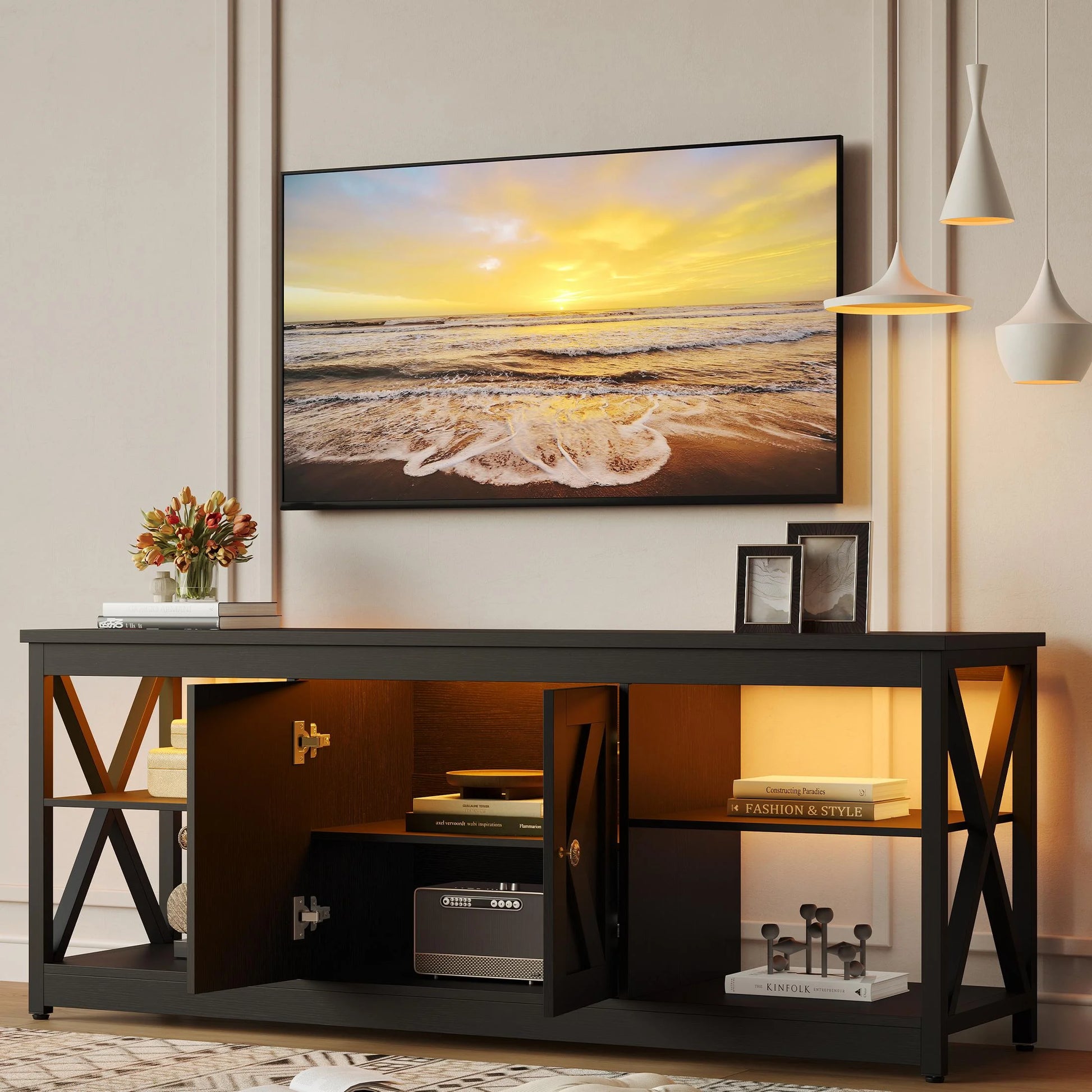Black TV Stand for 65 Inch TV, Modern TV Cabinet with LED Light - Puck's