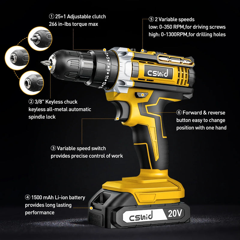 20V Cordless Power Drill Set, Drill Kit with 1 Lithium-Ion & Charger, 3/8" Keyless Chuck, Electric Drill W/ 2 Variable Speed & LED Light, 25+1 Position and 34Pcs Drill/Driver Bits(Yellow) - Puck's