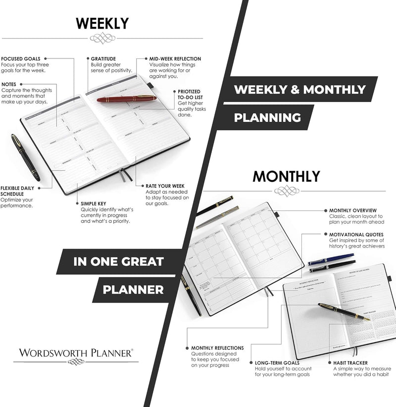 Wordsworth Undated Vertical Planner 2022-2023 - Weekly Planning, Organizer Notebook; Increase Productivity, Time Management - Gratitude Journal; Hit Your Goals - Thick Paper (120GSM) B5, Black - Puck's