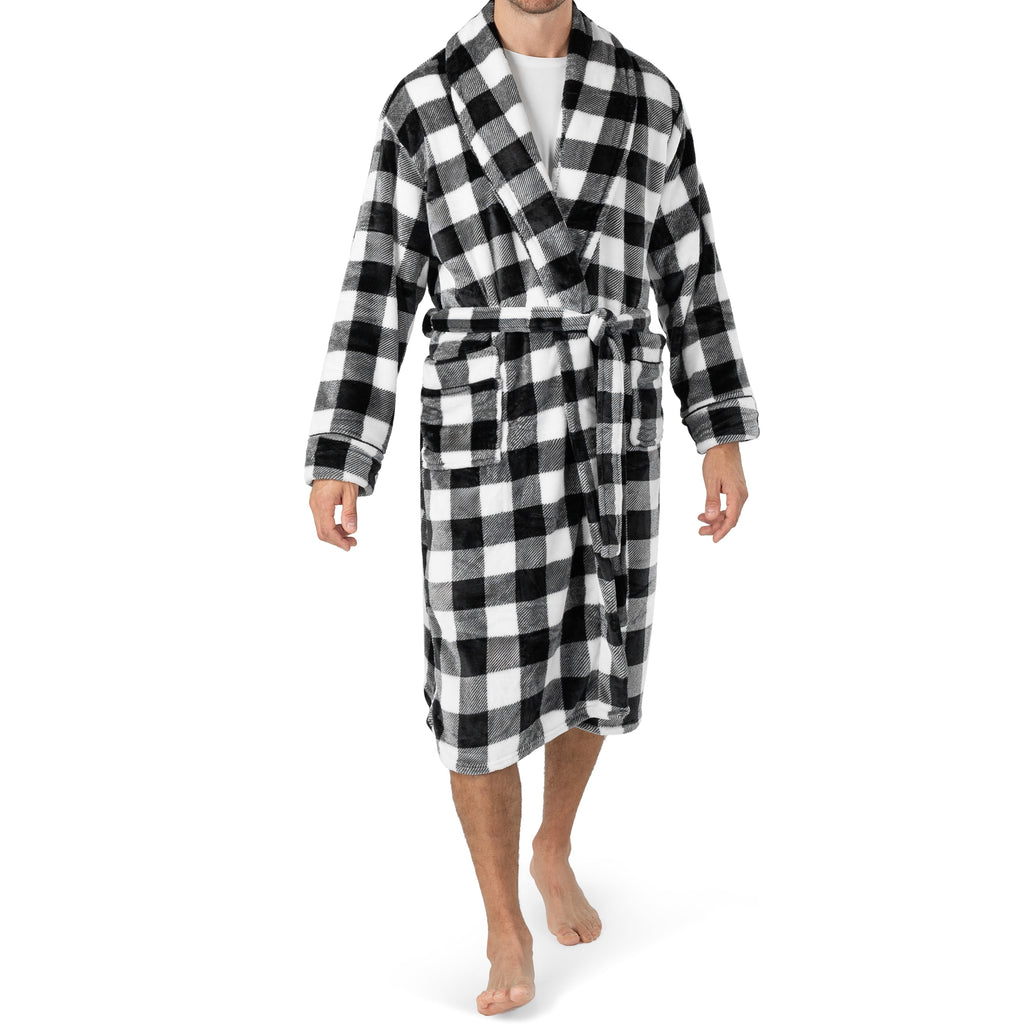 Mens Soft Robe, Plaid White | Warm Fleece Robes for Men, Soft Spa Bathrobe with Piping, Shawl Collar, and Pockets (Black and White Buffalo Plaid Checkered)