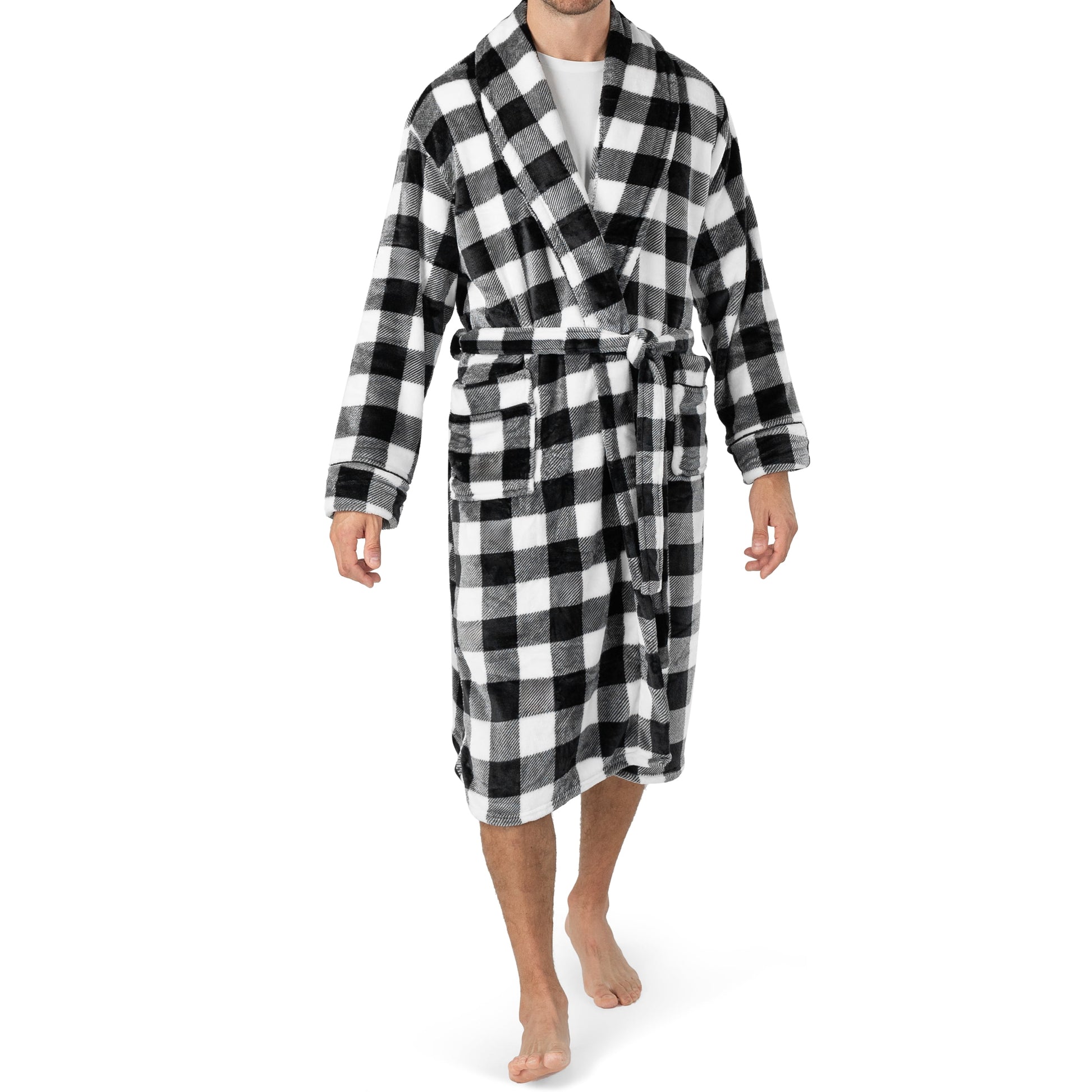 Mens Soft Robe, Plaid White | Warm Fleece Robes for Men, Soft Spa Bathrobe with Piping, Shawl Collar, and Pockets (Black and White Buffalo Plaid Checkered)