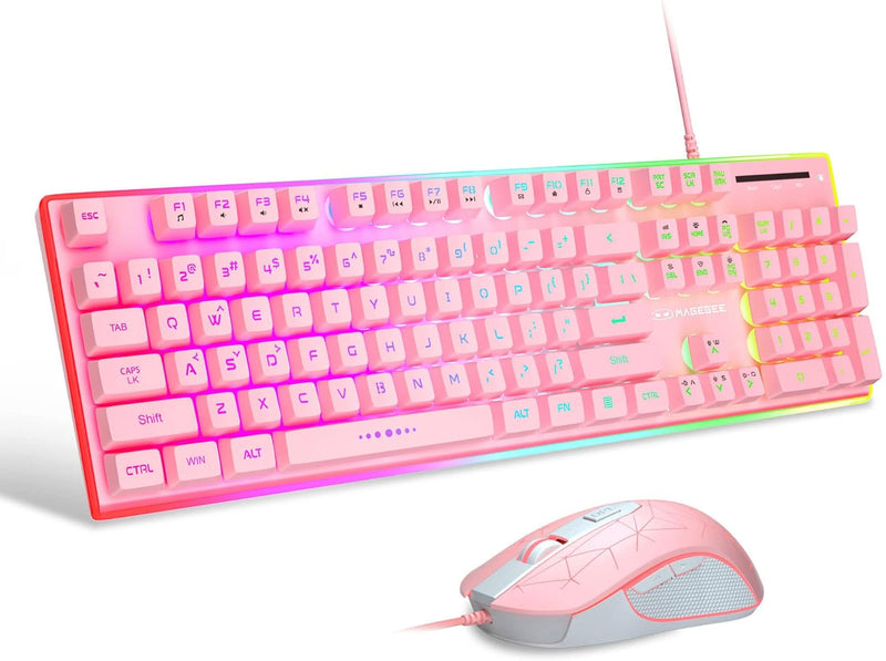 GT838 Gaming Keyboard and Mouse Combo, 104 Keys RGB Backlit Quiet Wired Keyboards for Laptop PC MAC, with Number Pad, Metal Panel, Anti-Ghosting, Pink - Puck's