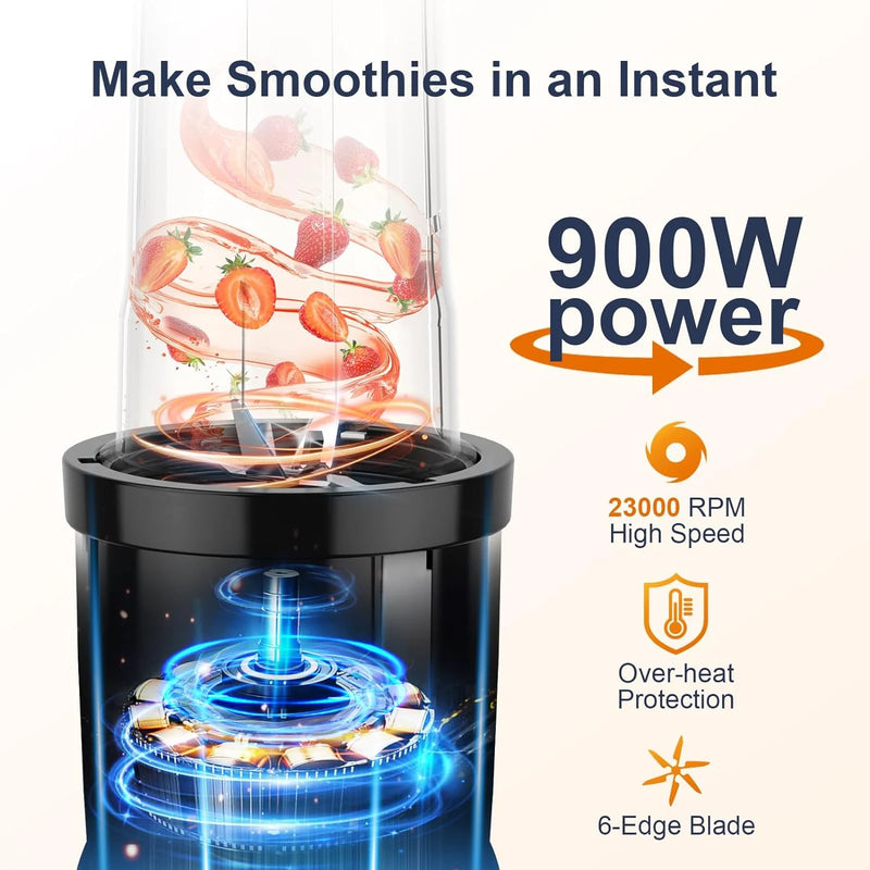 Personal Blender with 2 X 22Oz Travel Bottle and Lid, Portable Smoothie Blender and Coffee Grinder in One, 900W Small Blender Mixer with 6-Leaf Blade for Shakes and Smoothies, BPA Free(Black) - Puck's