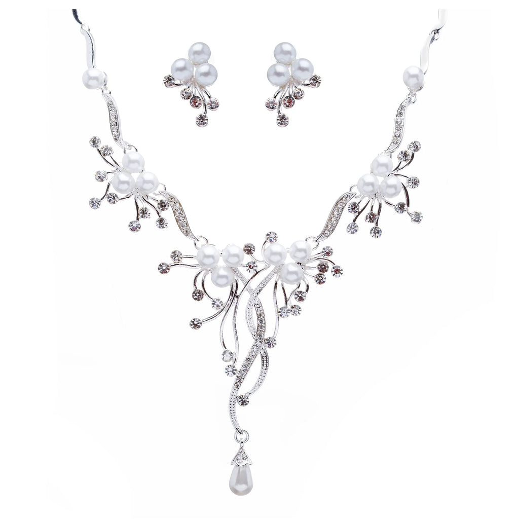 Bridal Wedding Jewelry Set Crystal Rhinestone Pearl Floral Vine Design Necklace - Puck's