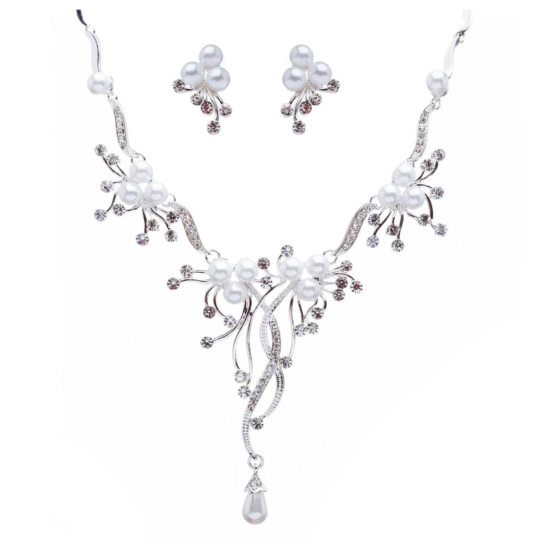 Bridal Wedding Jewelry Set Crystal Rhinestone Pearl Floral Vine Design Necklace - Puck's