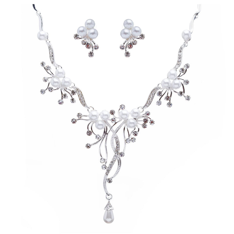 Bridal Wedding Jewelry Set Crystal Rhinestone Pearl Floral Vine Design Necklace - Puck's
