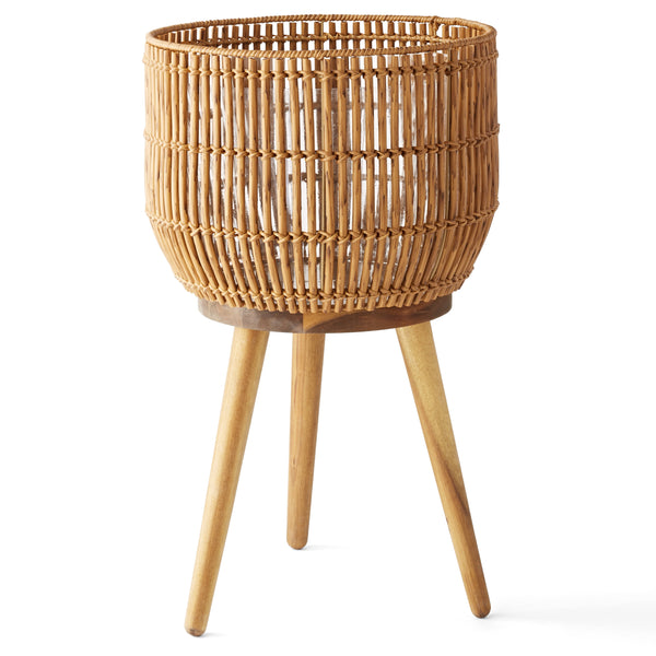 13 Inch round Brown Resin Rattan Planter & Stand with Acacia Wood Legs - Puck's