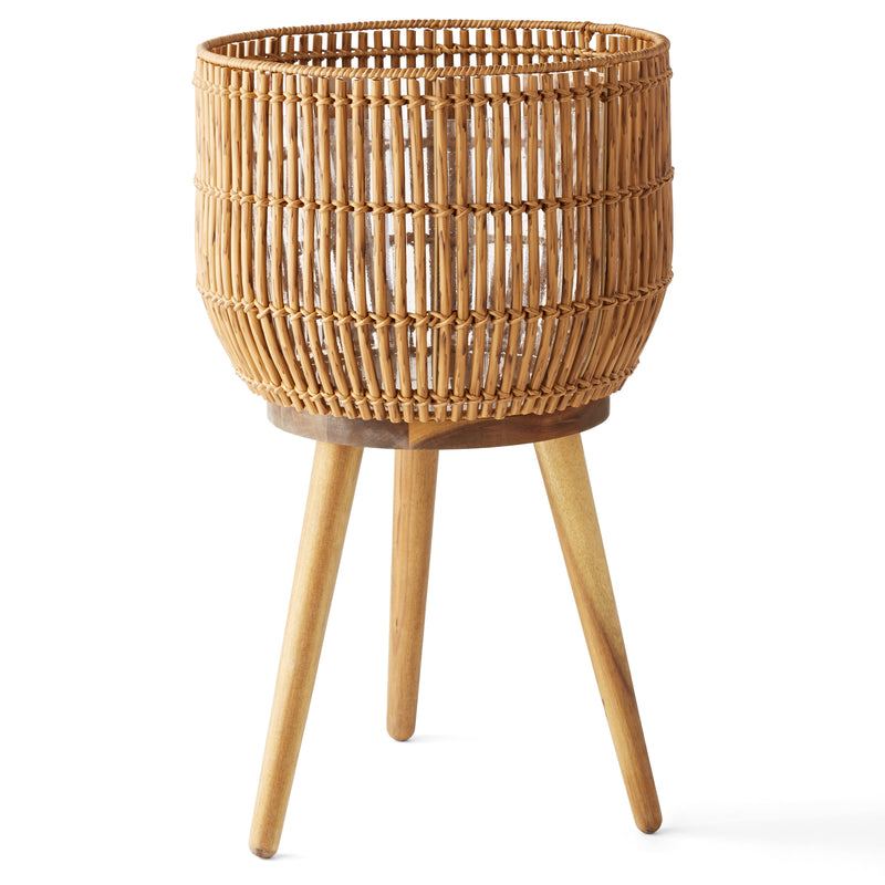 13 Inch round Brown Resin Rattan Planter & Stand with Acacia Wood Legs - Puck's