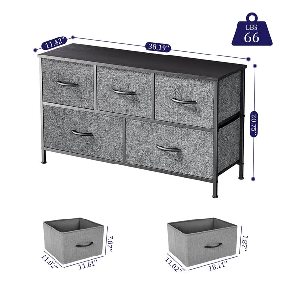 5 Drawer Dresser, Wide Chest of Drawers Nightstand Storage Tower Storage Dresser Fabric Dresser with Wood Top for Living Room, Bedroom, Hallway, Grey - Puck's