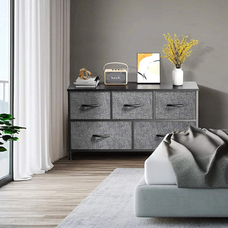 5 Drawer Dresser, Wide Chest of Drawers Nightstand Storage Tower Storage Dresser Fabric Dresser with Wood Top for Living Room, Bedroom, Hallway, Grey - Puck's