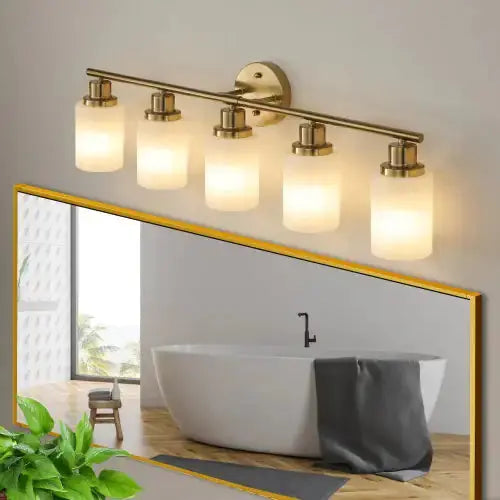 5 Lamps Gold Bathroom Vanity Lamp, Frosted Glass Shade, Modern Wall Mounted Lighting - No Bulbs Unavailable Platforms- Temu - Puck's
